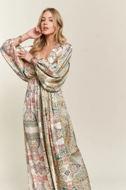 Light Green Printed V-Neck Batwing Sleeve Dress
