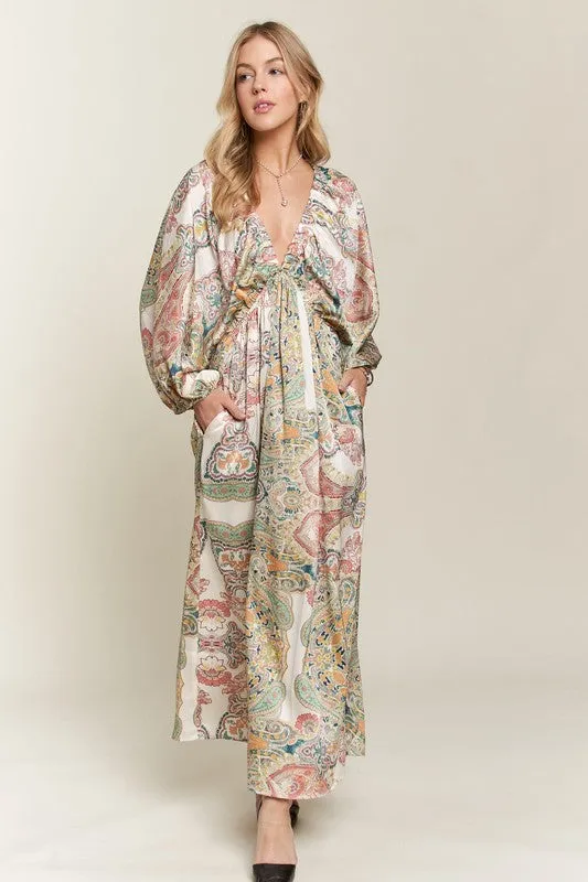 Light Green Printed V-Neck Batwing Sleeve Dress