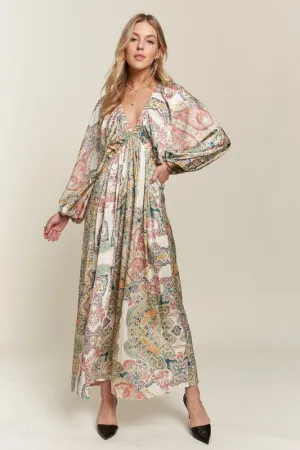 Light Green Printed V-Neck Batwing Sleeve Dress