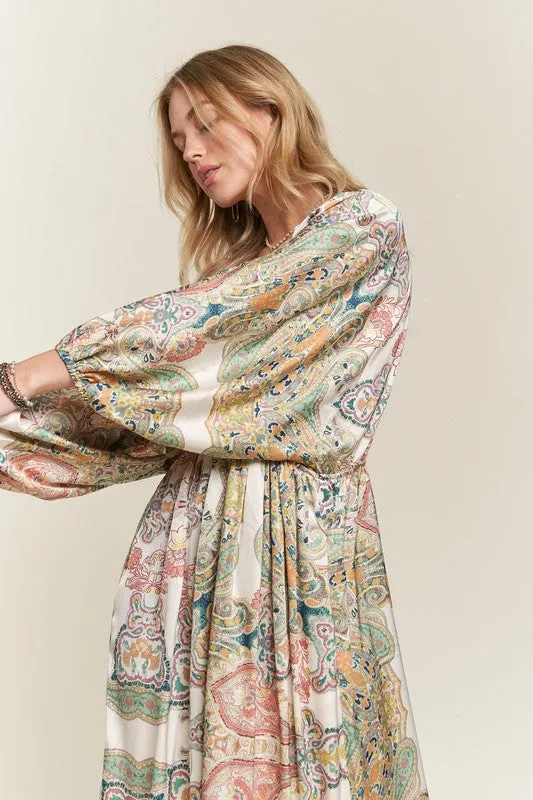 Light Green Printed V-Neck Batwing Sleeve Dress