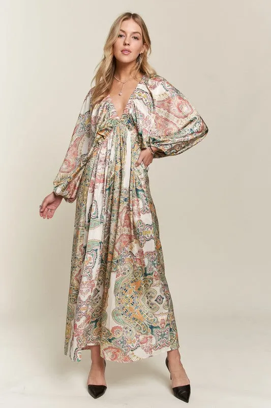Light Green Printed V-Neck Batwing Sleeve Dress