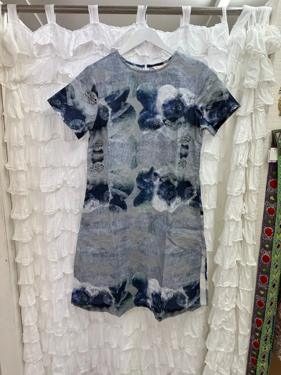 Linen Shift Dress - Digital Print Blue