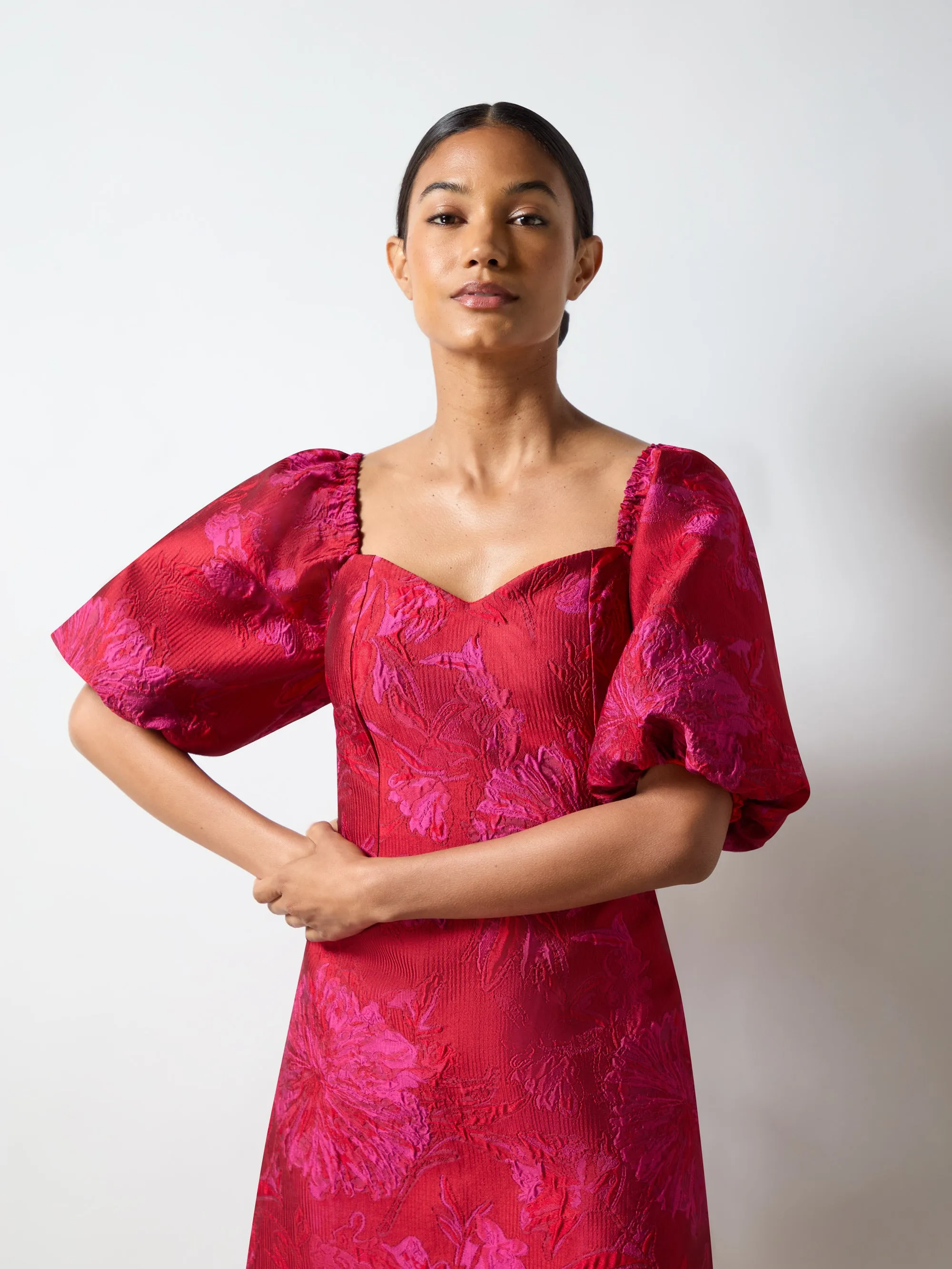 Lola Pink Jacquard Puff Sleeve Mini Dress