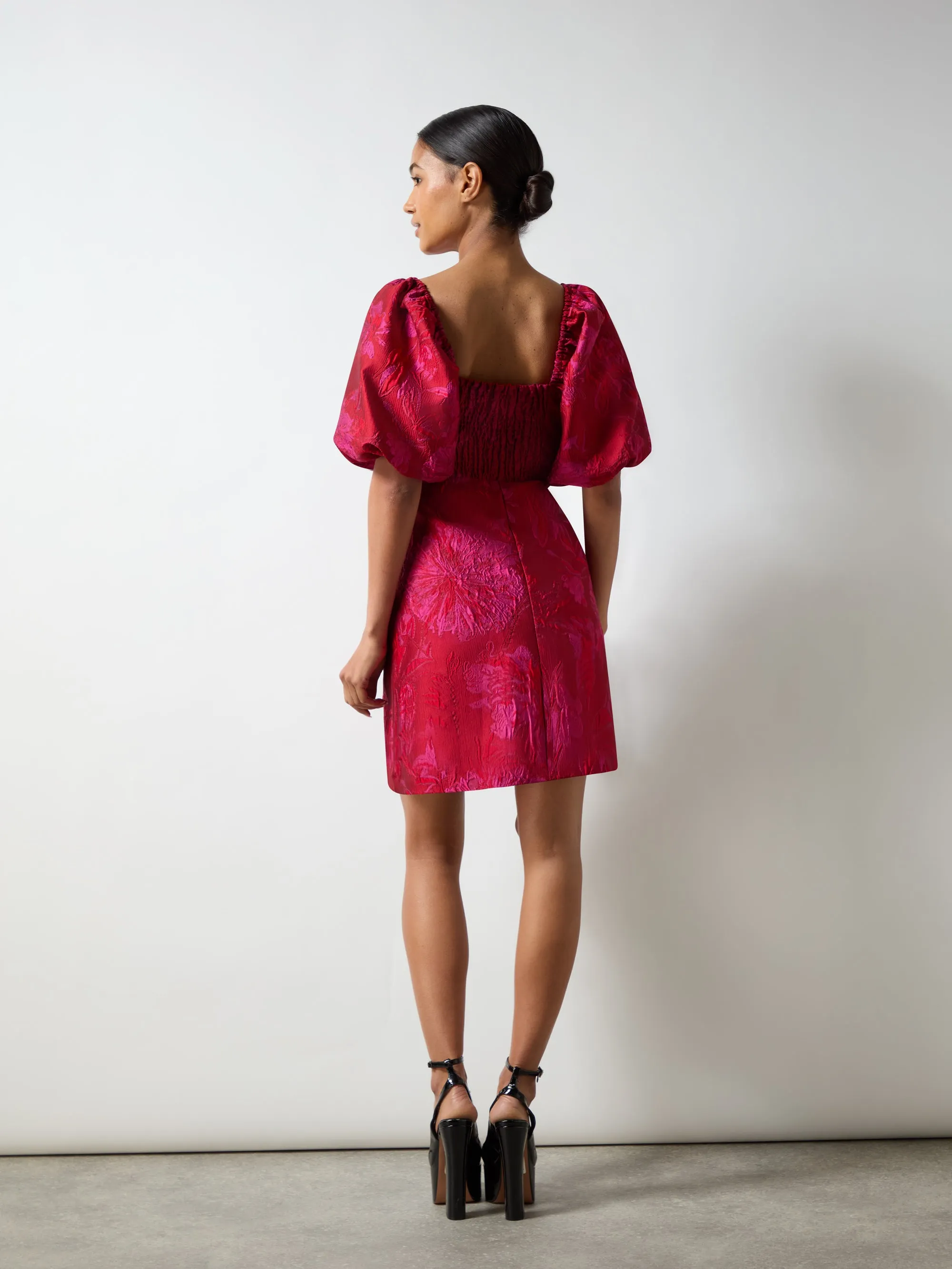 Lola Pink Jacquard Puff Sleeve Mini Dress