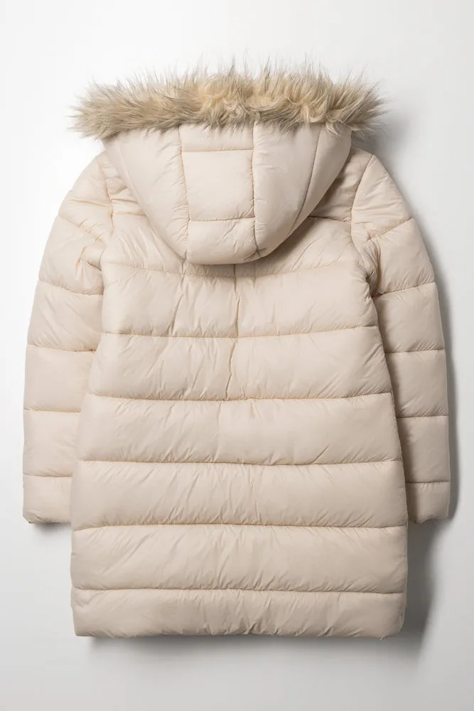 Long Fur Hooded Puffer Jacket Natural