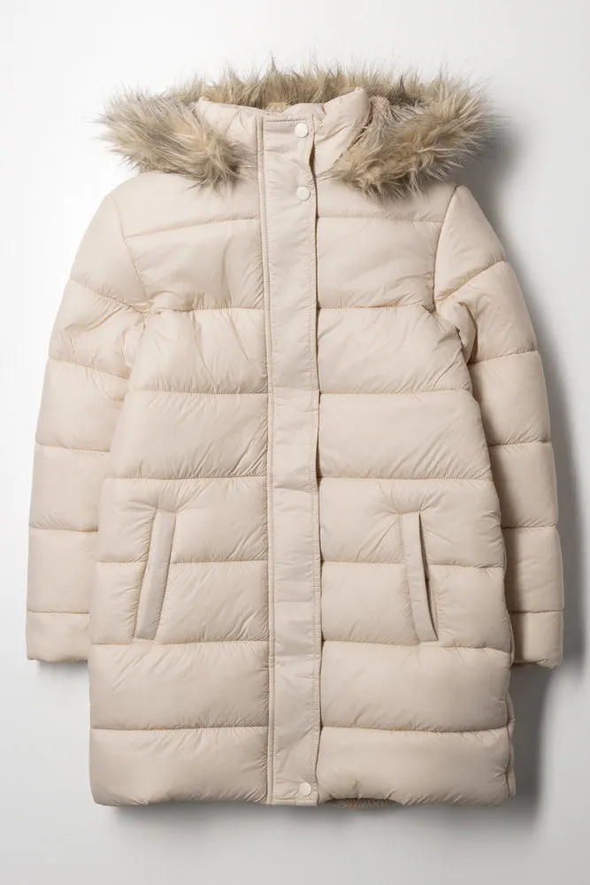 Long Fur Hooded Puffer Jacket Natural