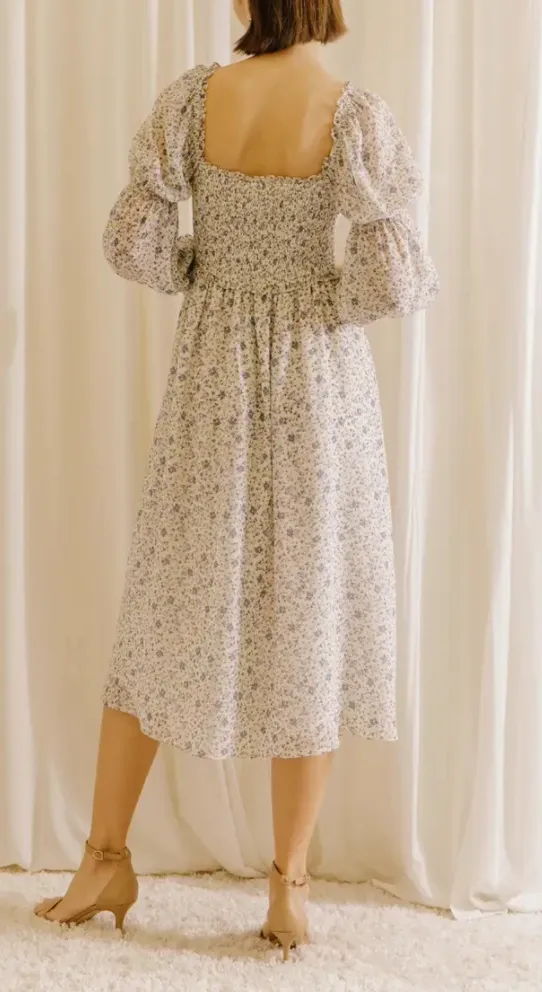 Long Sleeve Floral V Center Midi Dress