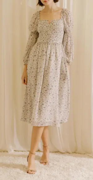 Long Sleeve Floral V Center Midi Dress