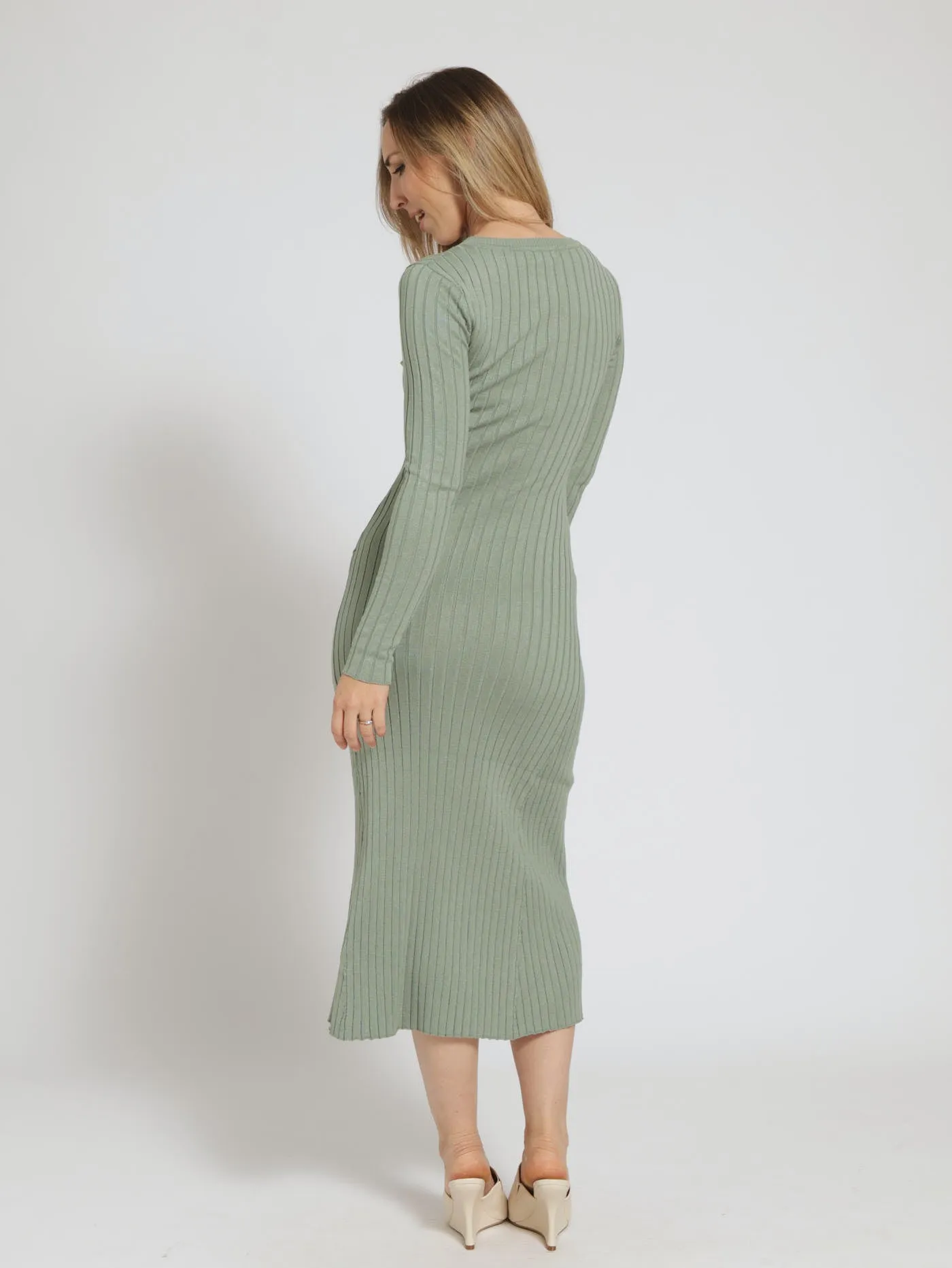 Long Sleeve Widerib Shift Jersey Maxi Dress - Sage