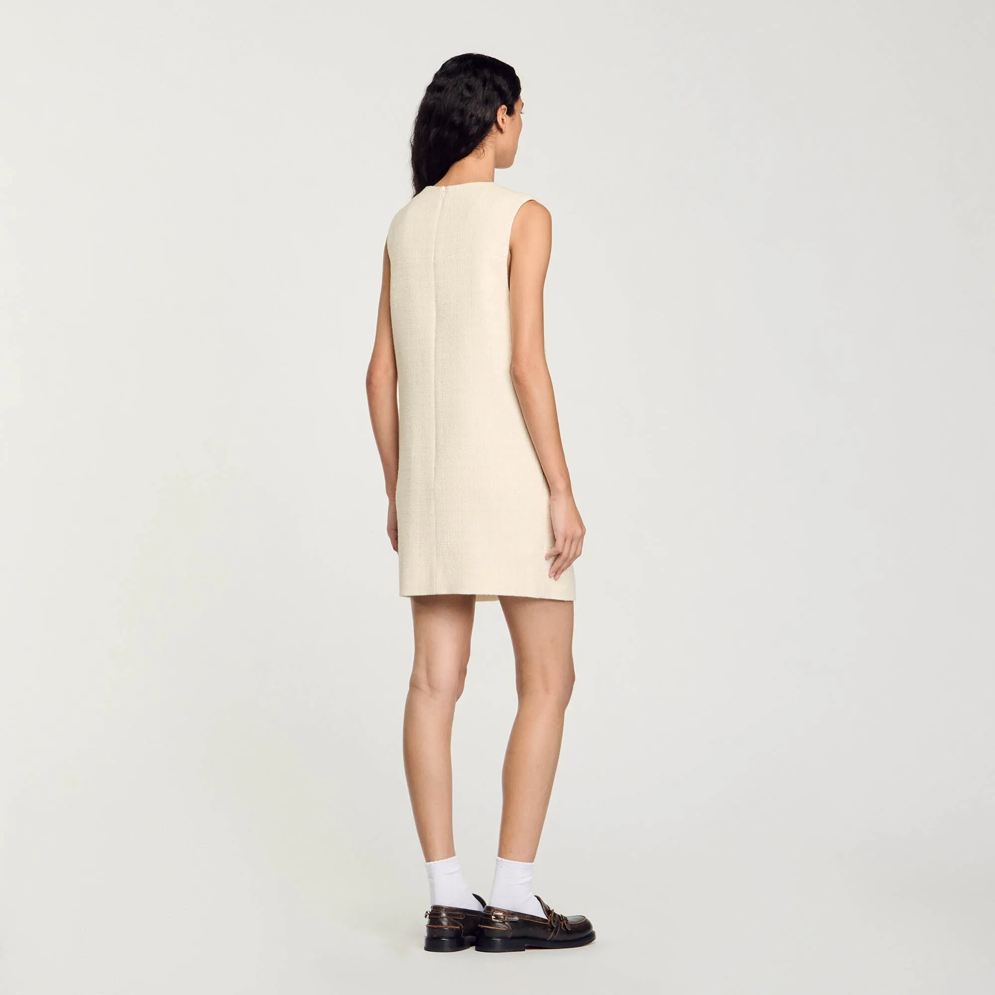 Lovana Short Rhinestone Tweed Dress Ecru