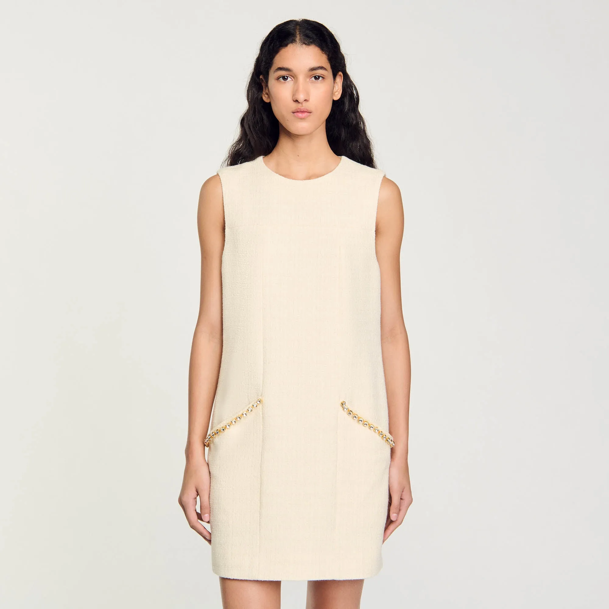 Lovana Short Rhinestone Tweed Dress Ecru