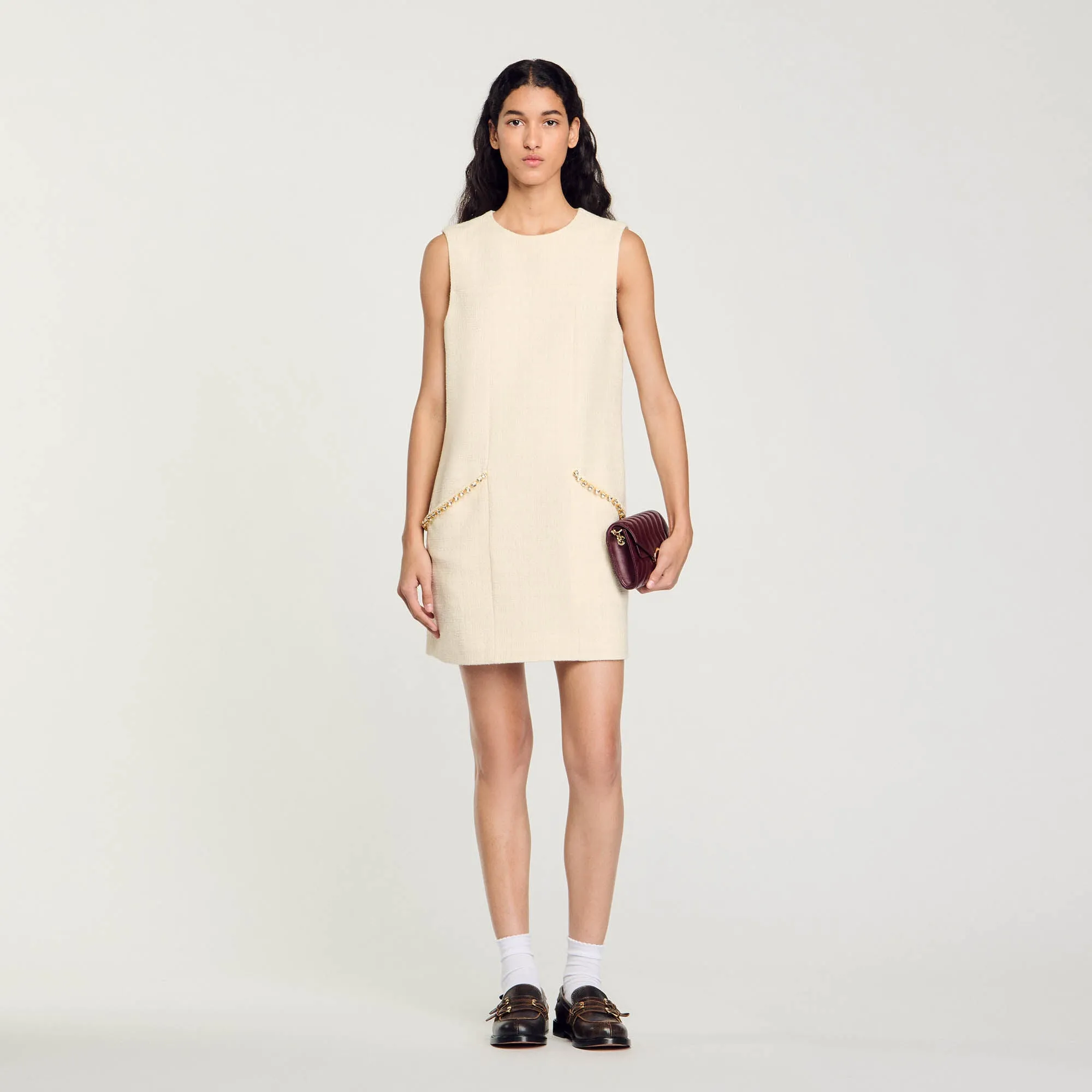 Lovana Short Rhinestone Tweed Dress Ecru