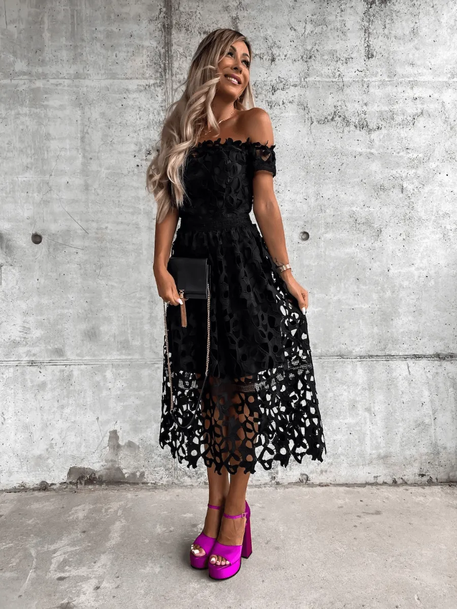 LOVE STORY BABY LACE OFF SHOULDER MIDI DRESS - BLACK
