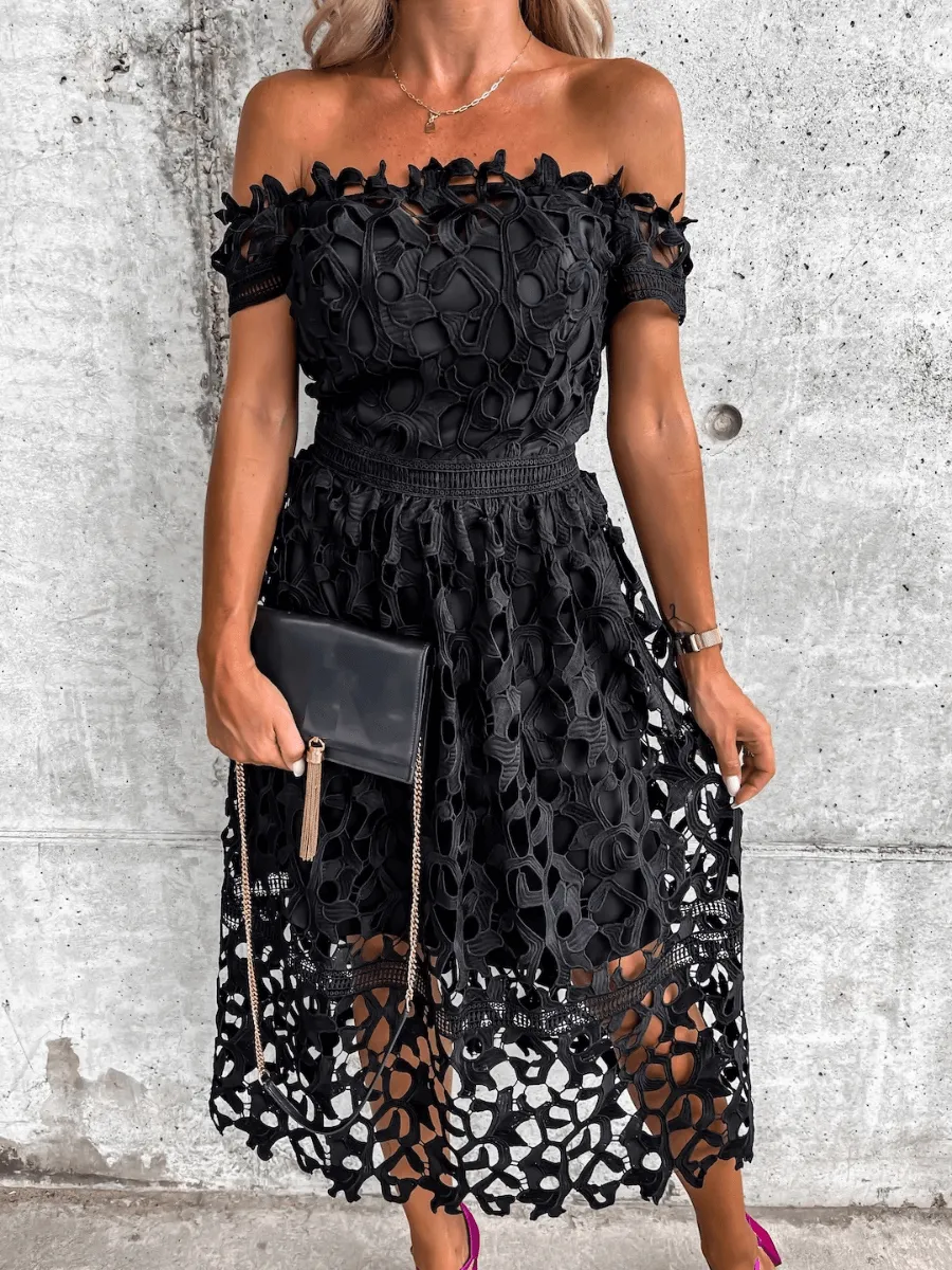 LOVE STORY BABY LACE OFF SHOULDER MIDI DRESS - BLACK