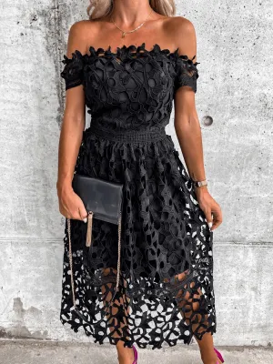 LOVE STORY BABY LACE OFF SHOULDER MIDI DRESS - BLACK