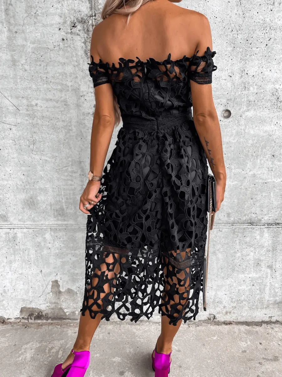 LOVE STORY BABY LACE OFF SHOULDER MIDI DRESS - BLACK