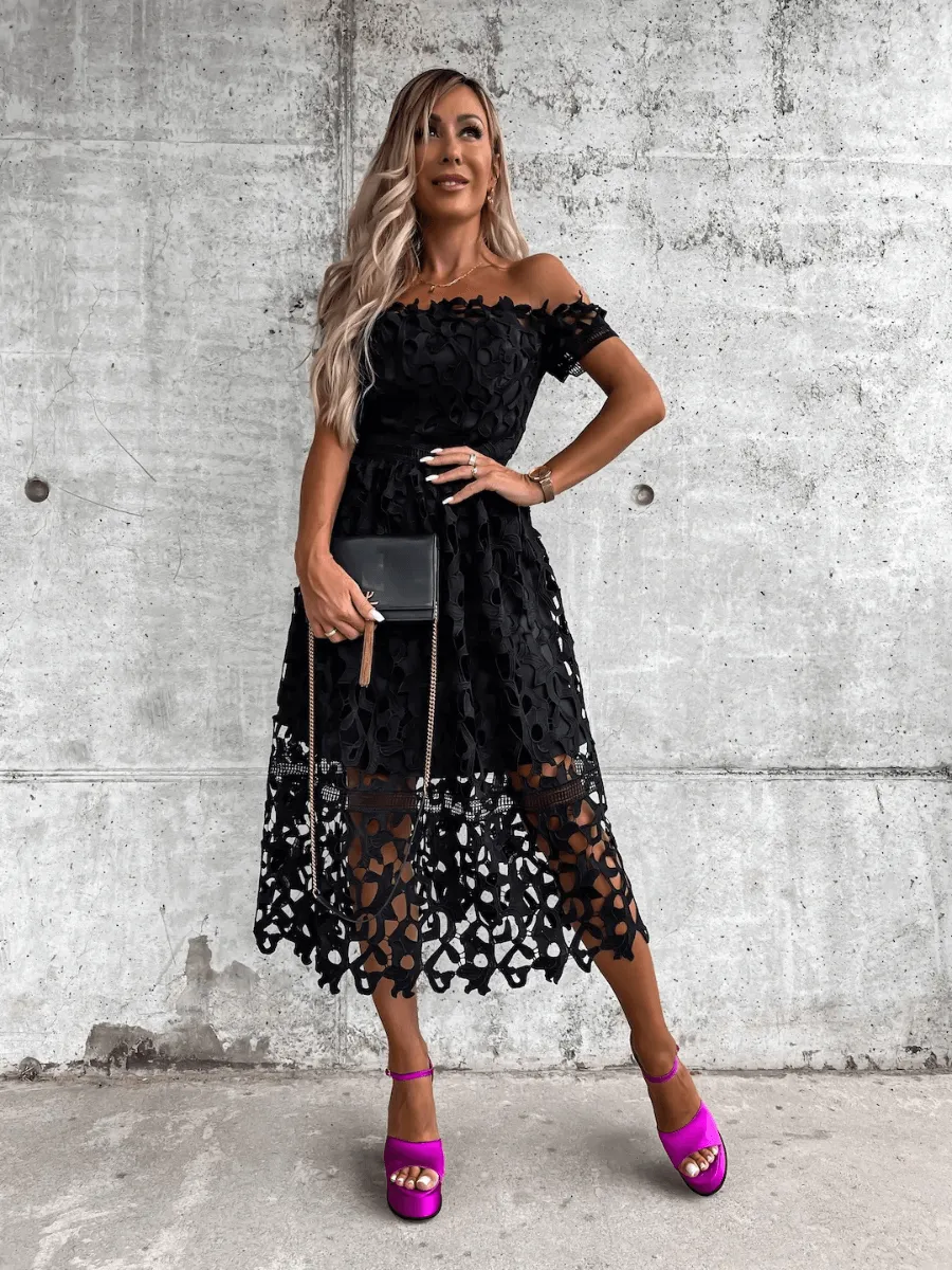 LOVE STORY BABY LACE OFF SHOULDER MIDI DRESS - BLACK
