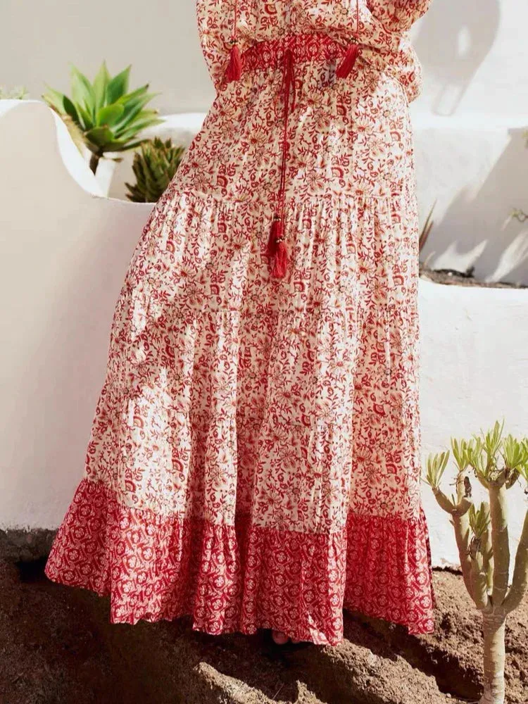 Low Waist A-line Beach Skirt Floral Red Maxi Ruffled Holiday