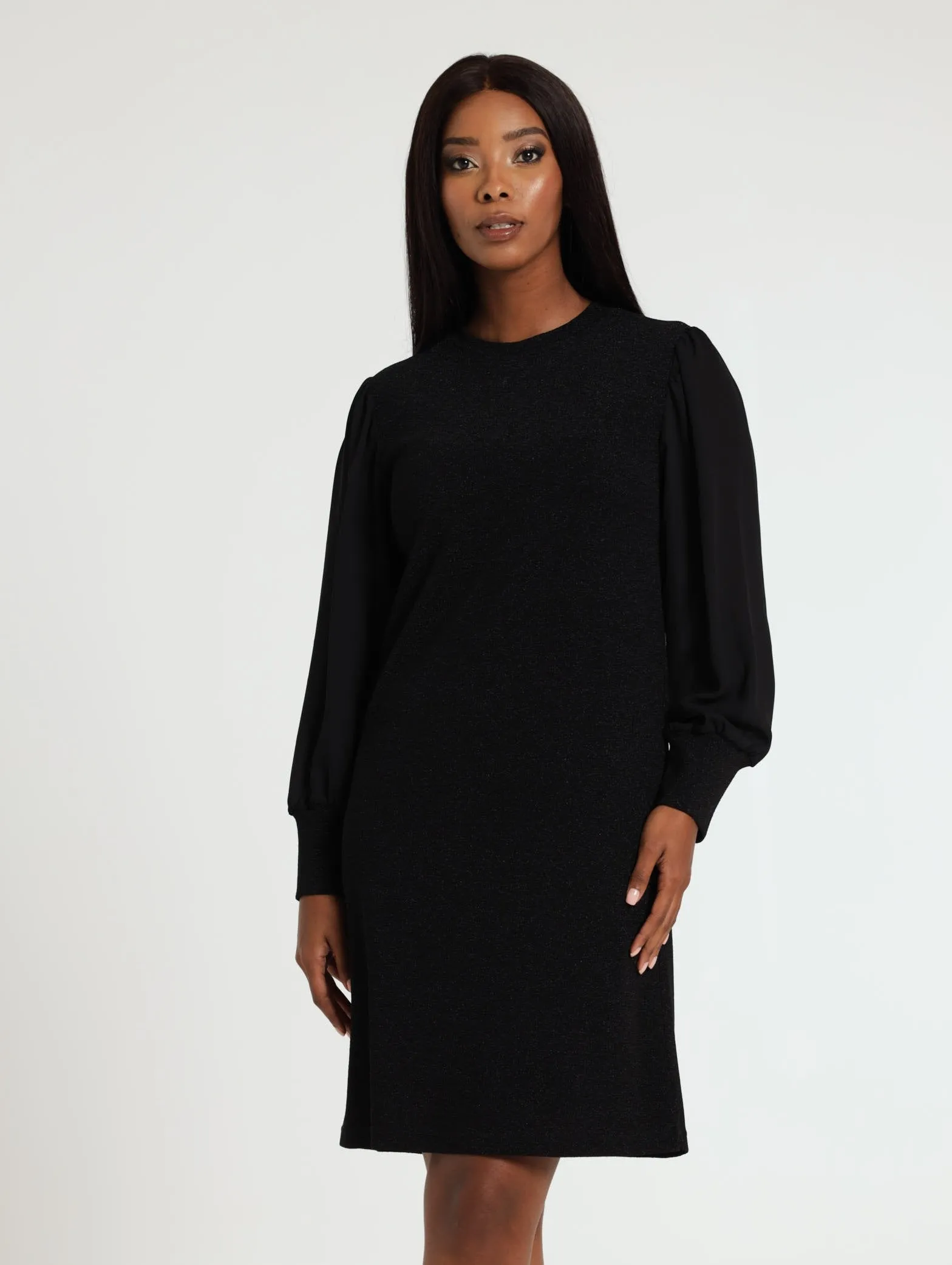 Lurex Combo Shift Dress - Black
