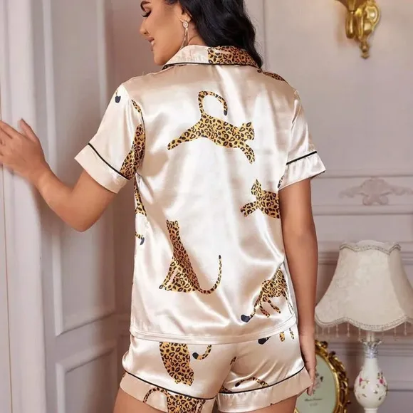LuxeNights Animal Pattern Printed Silk-Like Pajama Set