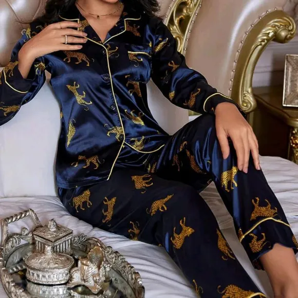 LuxeNights Leopard Print Contrast Piping Satin PJ Set / Pajama Set