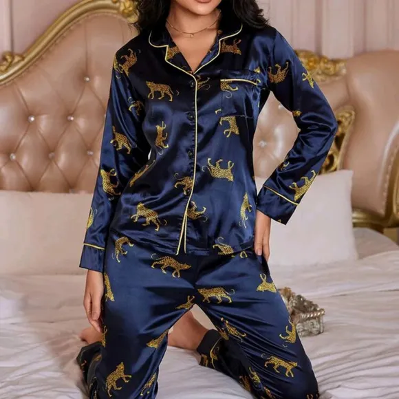 LuxeNights Leopard Print Contrast Piping Satin PJ Set / Pajama Set