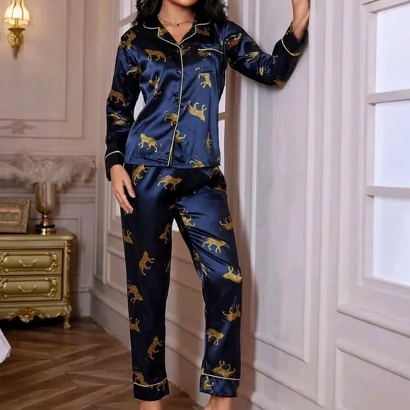 LuxeNights Leopard Print Contrast Piping Satin PJ Set / Pajama Set