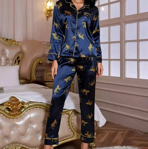 LuxeNights Leopard Print Contrast Piping Satin PJ Set / Pajama Set