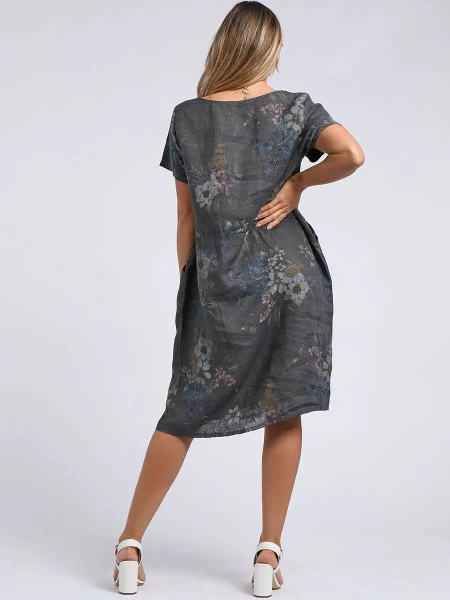 Made in Italy Classic Shift Bouquet Linen Dress ~ Charcoal