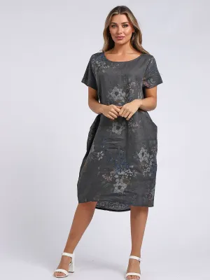 Made in Italy Classic Shift Bouquet Linen Dress ~ Charcoal