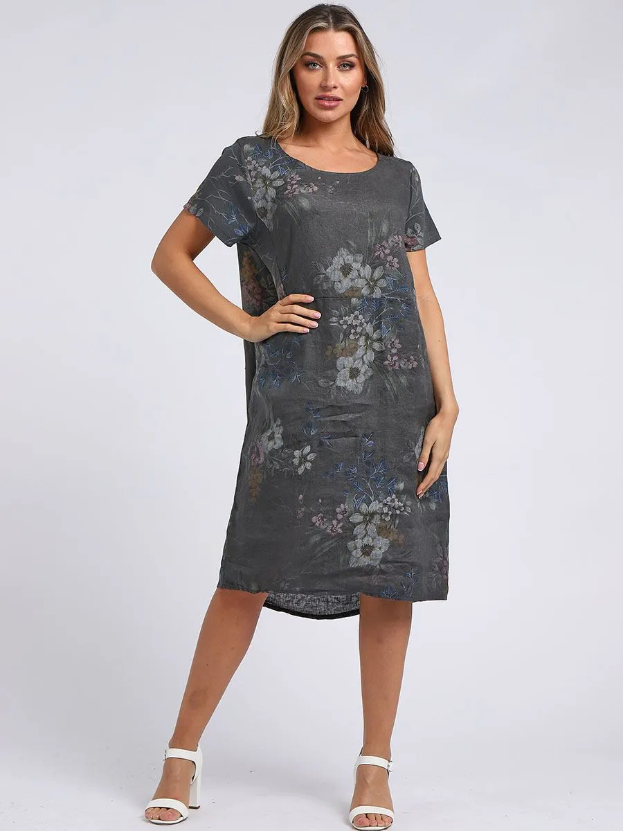 Made in Italy Classic Shift Bouquet Linen Dress ~ Charcoal