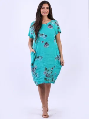Made in Italy Classic Shift Flora Duo Linen Dress ~ Aqua