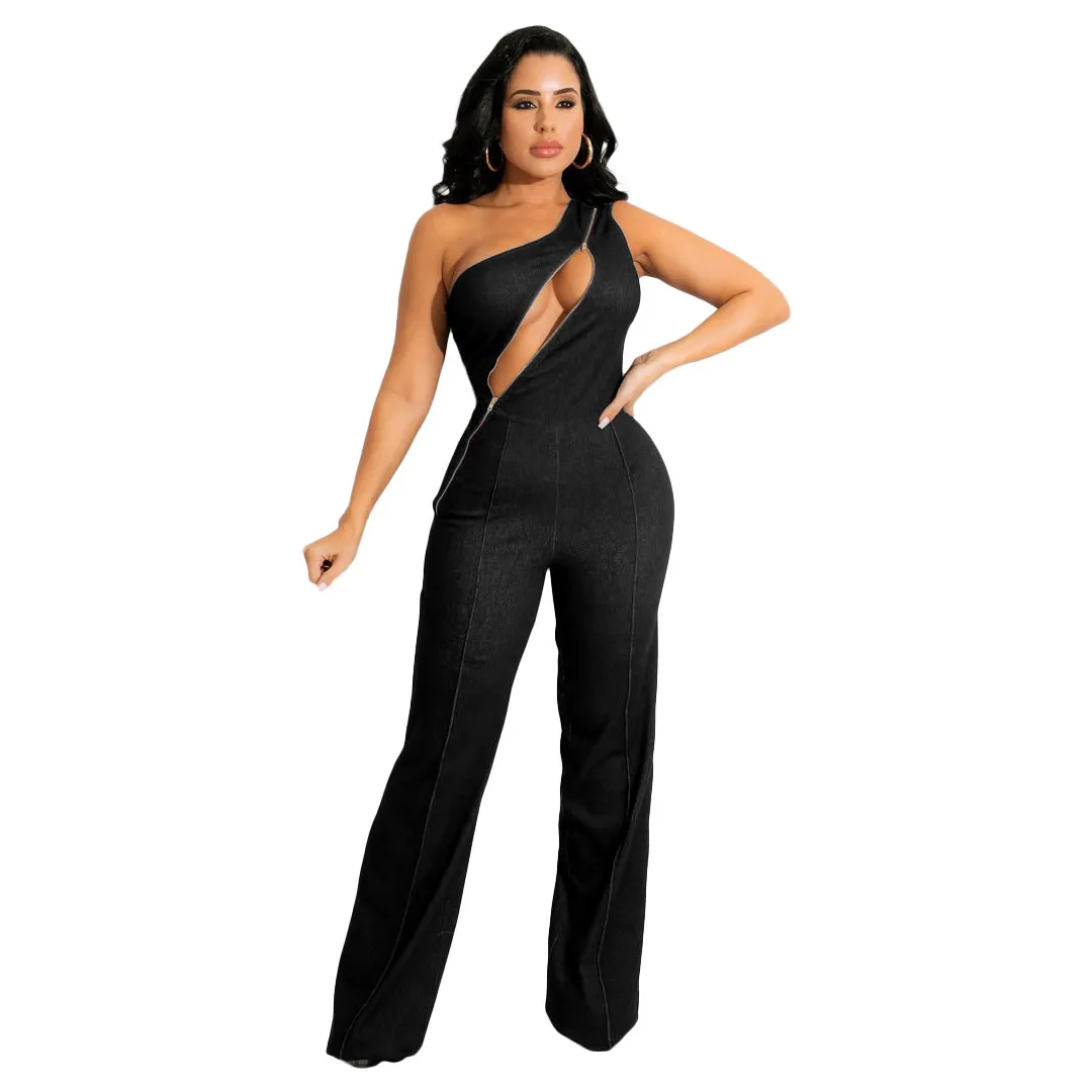 Madeline One-Shoulder Cutout Denim Jumpsuit