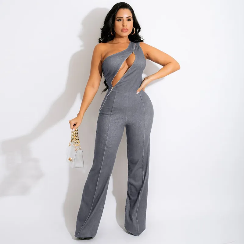 Madeline One-Shoulder Cutout Denim Jumpsuit