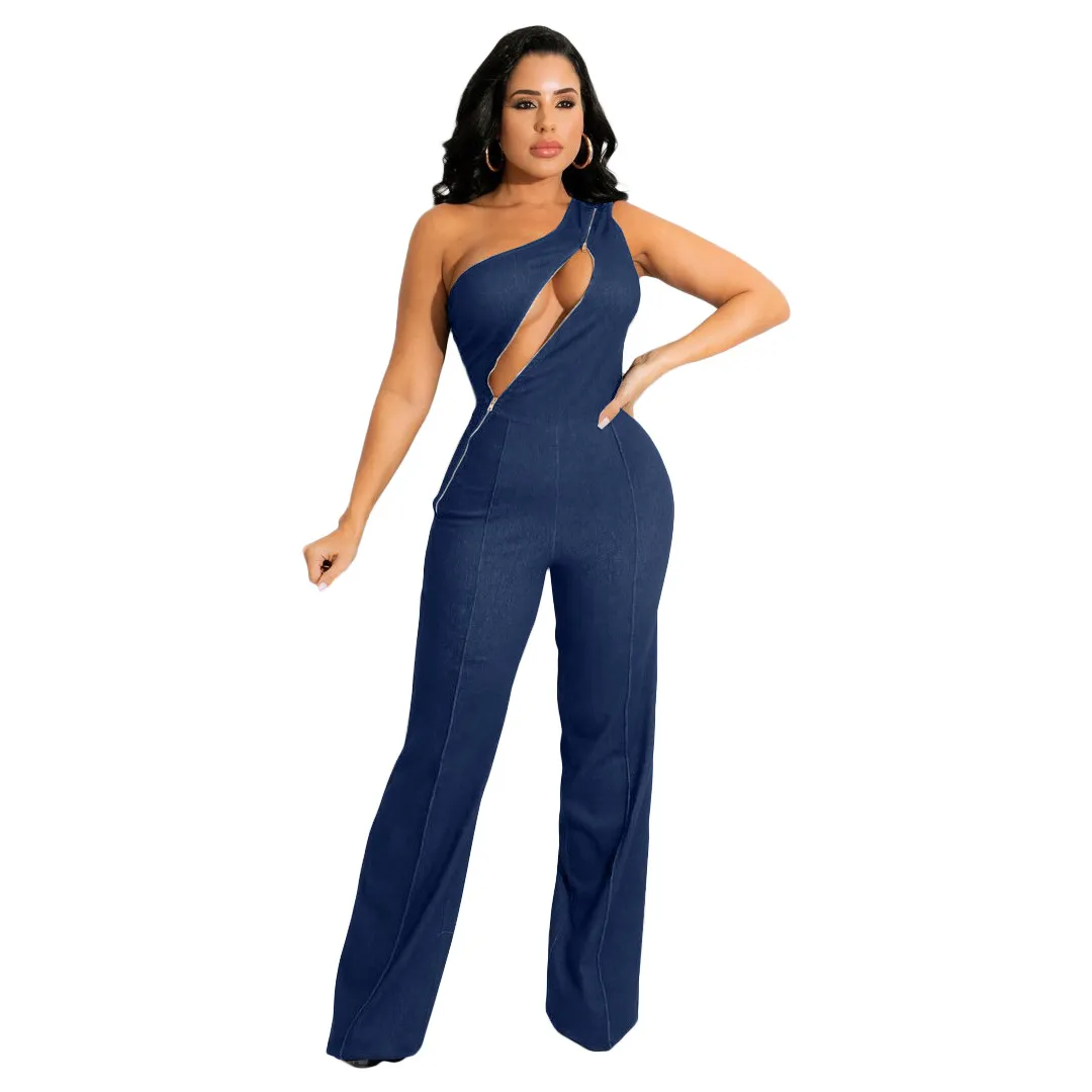 Madeline One-Shoulder Cutout Denim Jumpsuit