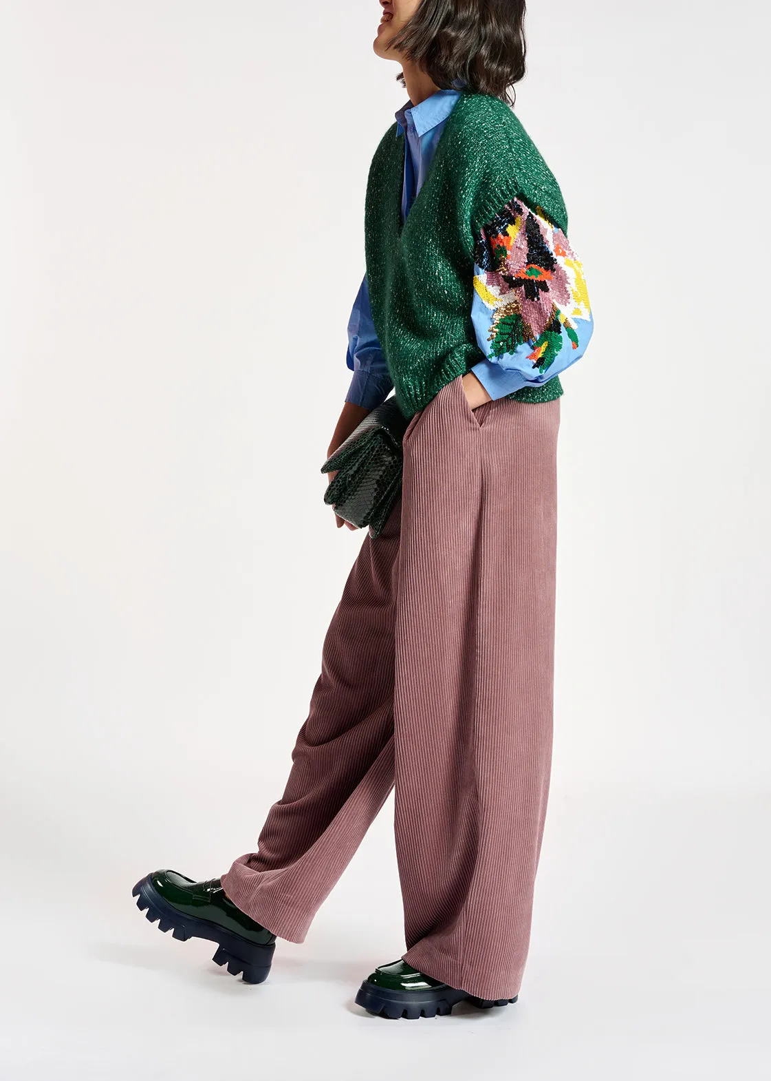 Mauve wide-leg corduroy pants