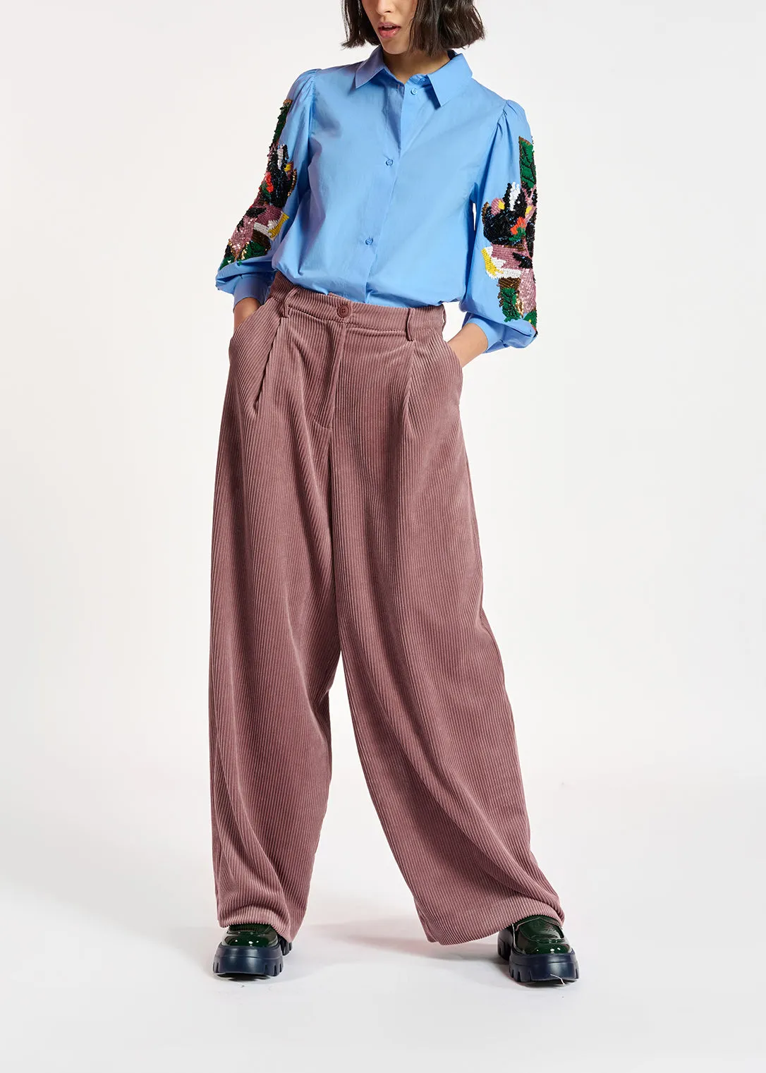 Mauve wide-leg corduroy pants