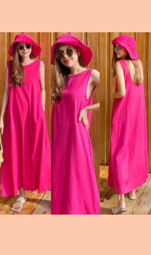 MAZIE Low-back Linen Midi Dress w/ Hat (Fuchsia)