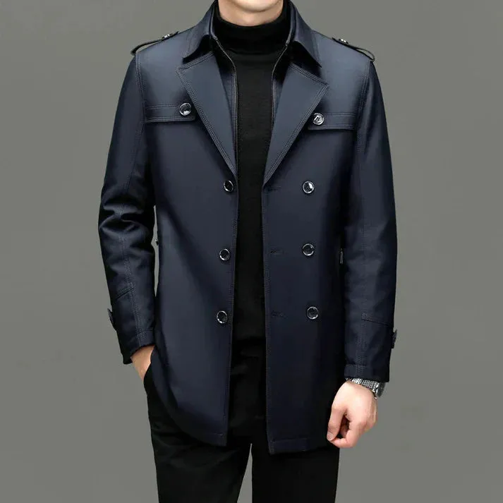 Men's coats in fine fabric with buttons and long trench coat design