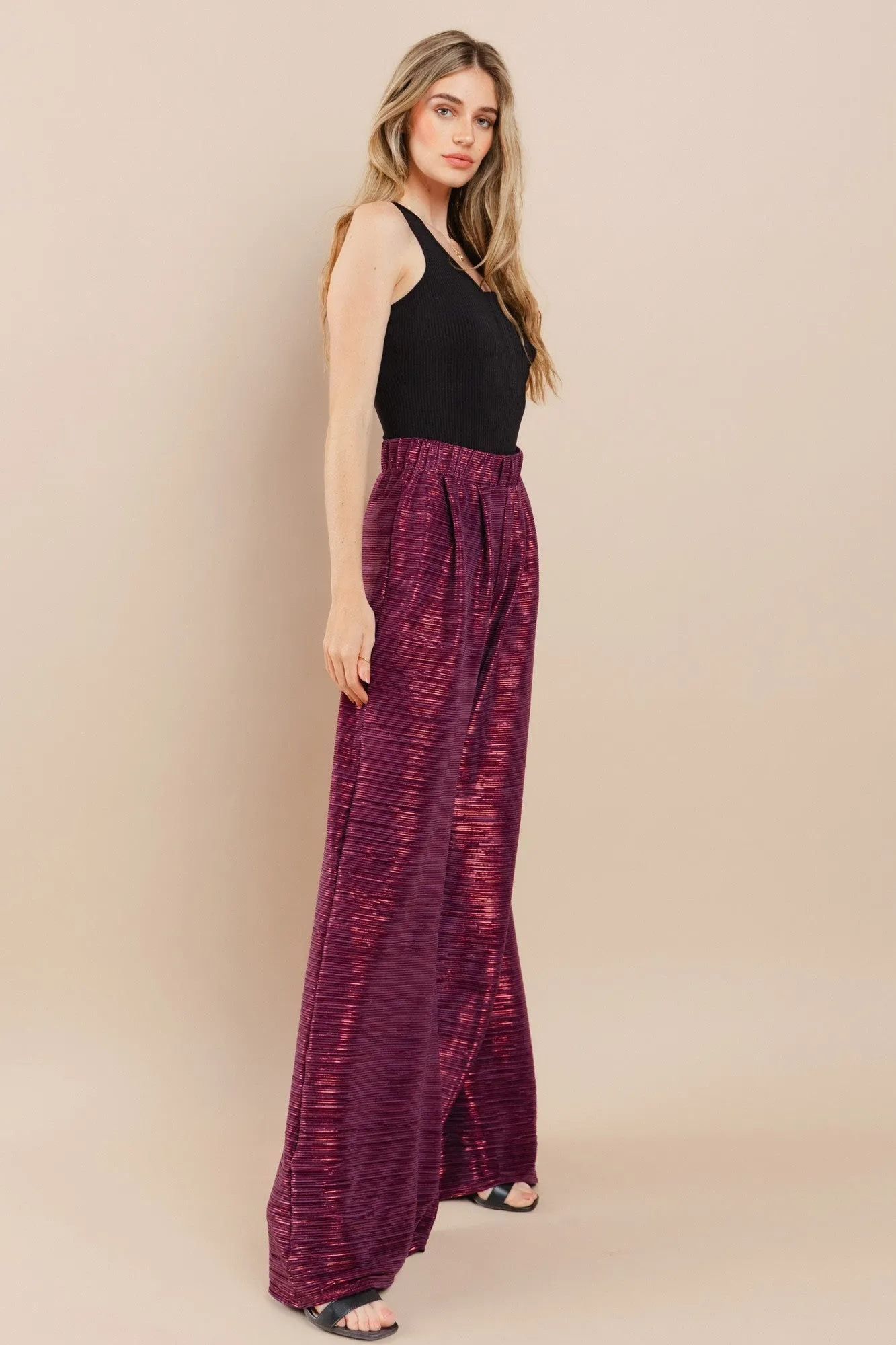 METALLIC FOIL WIDE LEG TROUSER PANTS W2370PD