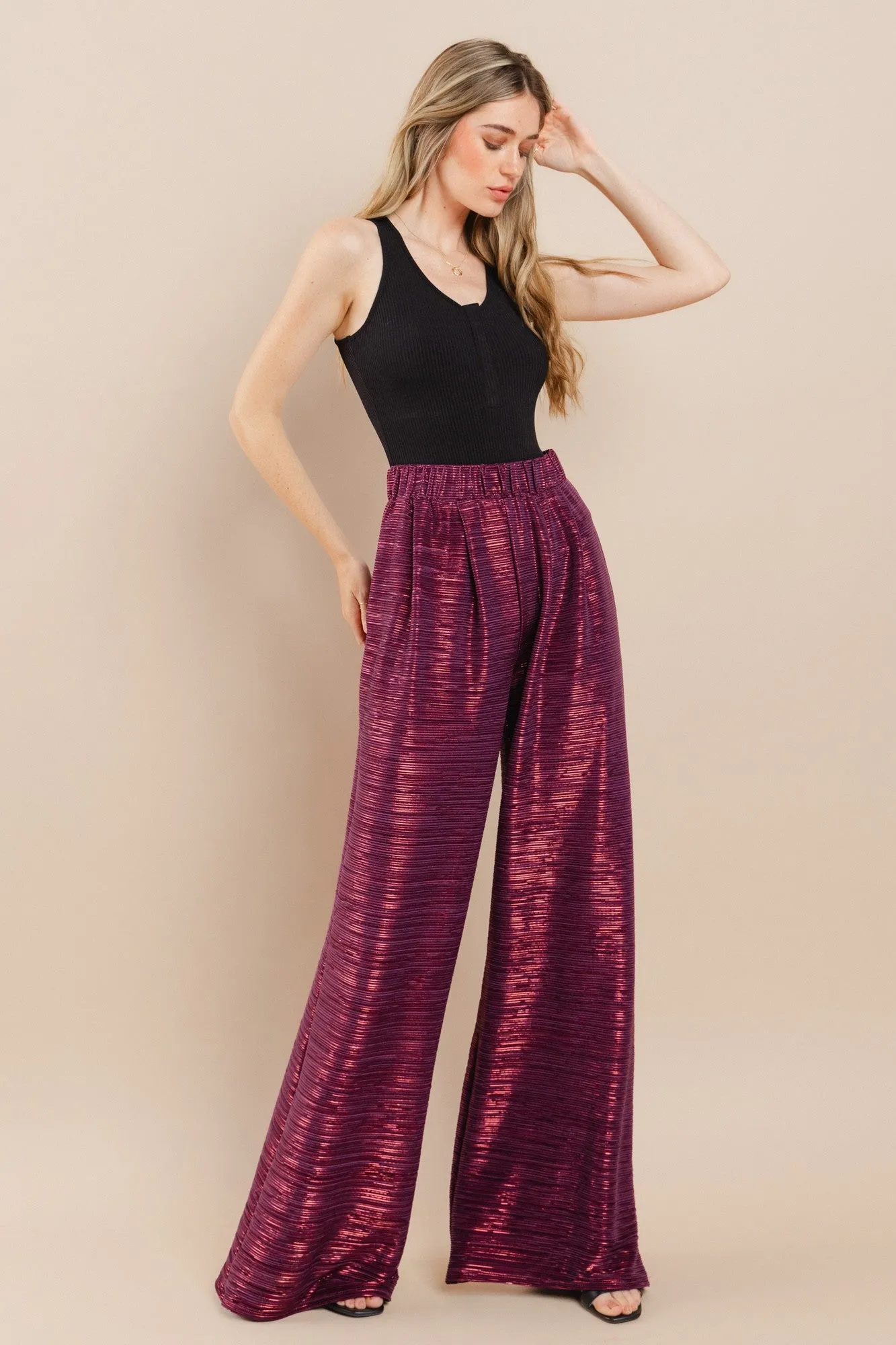 METALLIC FOIL WIDE LEG TROUSER PANTS W2370PD