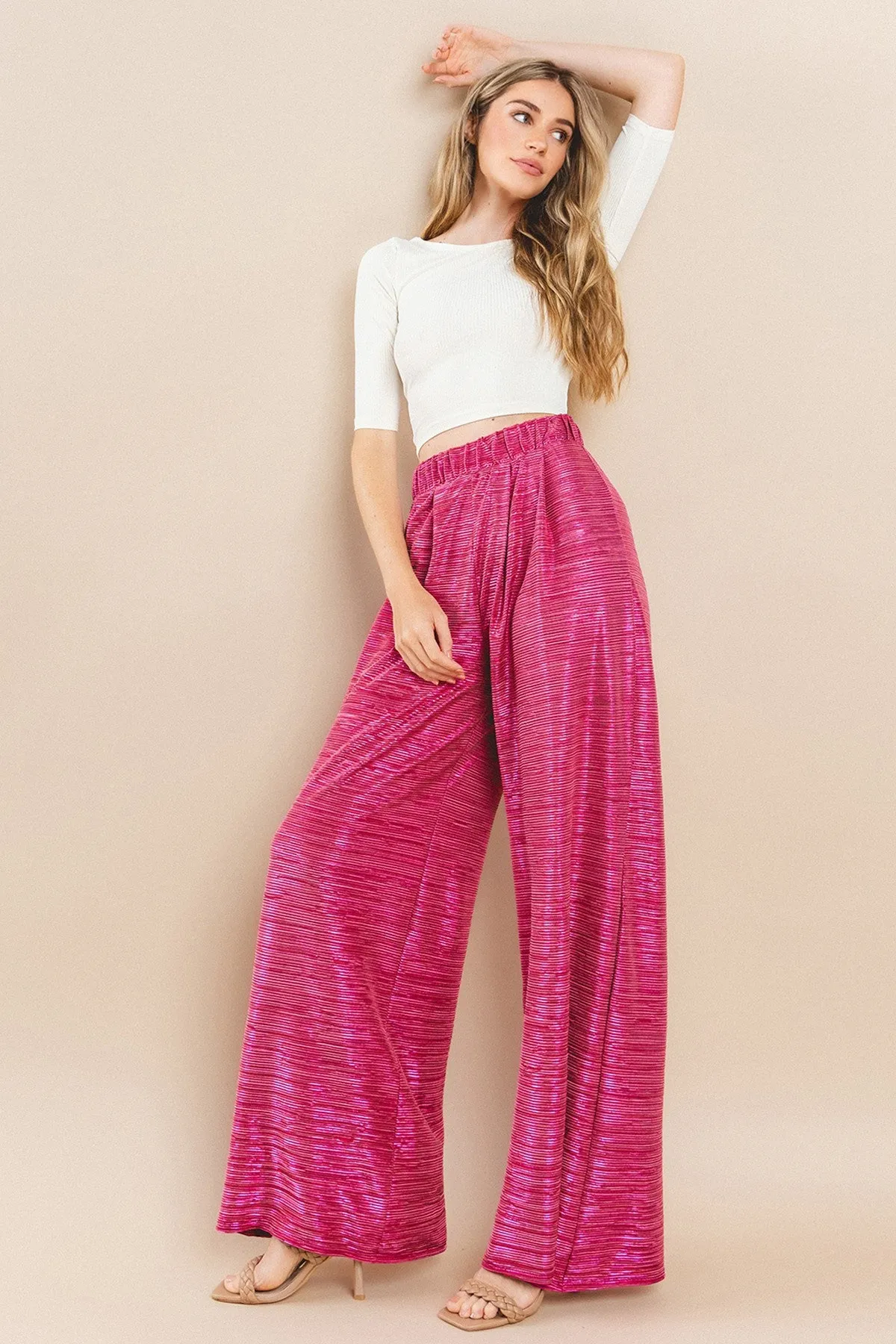 METALLIC FOIL WIDE LEG TROUSER PANTS W2370PD