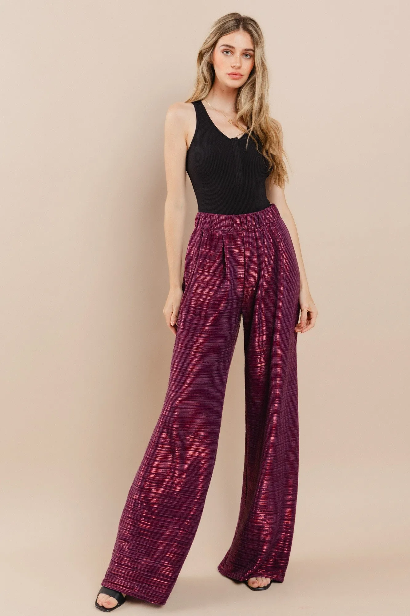METALLIC FOIL WIDE LEG TROUSER PANTS W2370PD