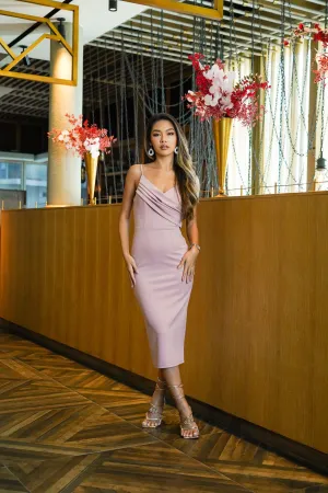 Midi Dress with Pleated Drape in Blush