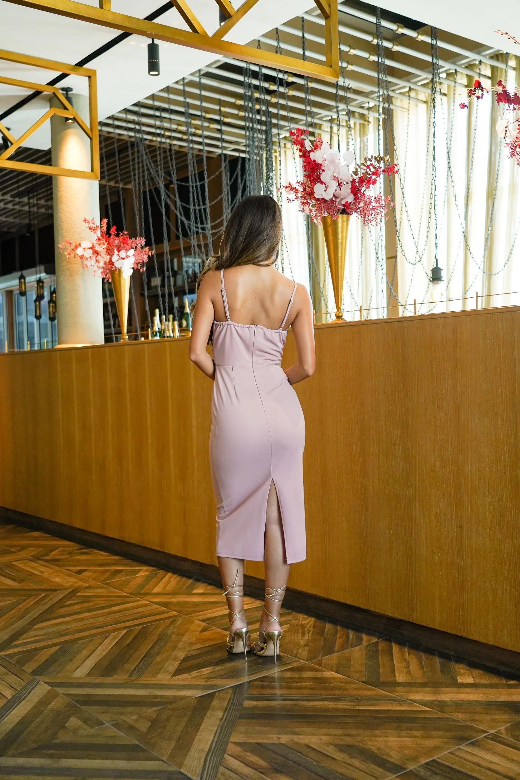 Midi Dress with Pleated Drape in Blush