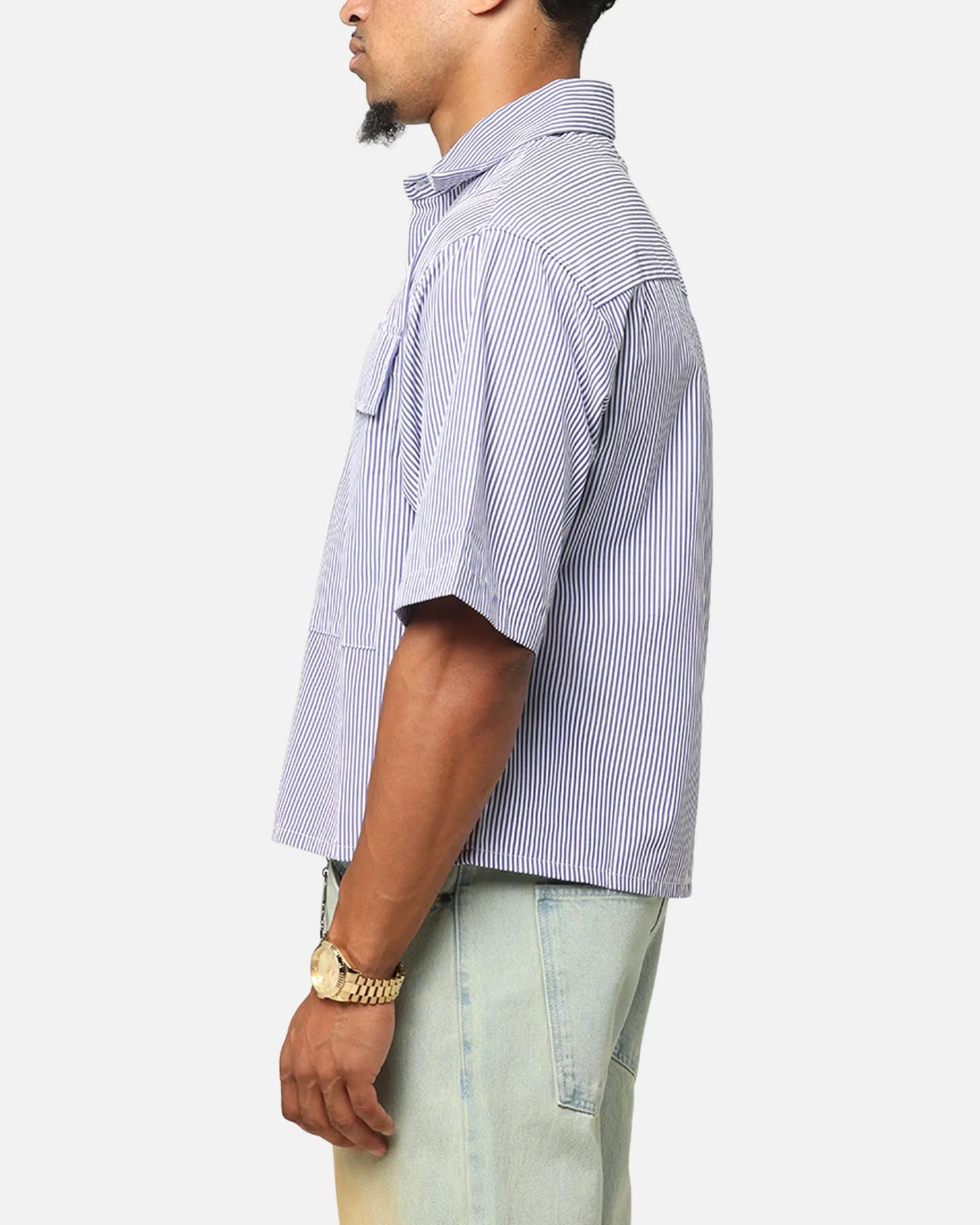 MNML Cropped Striped Short Sleeve Shirt Blue