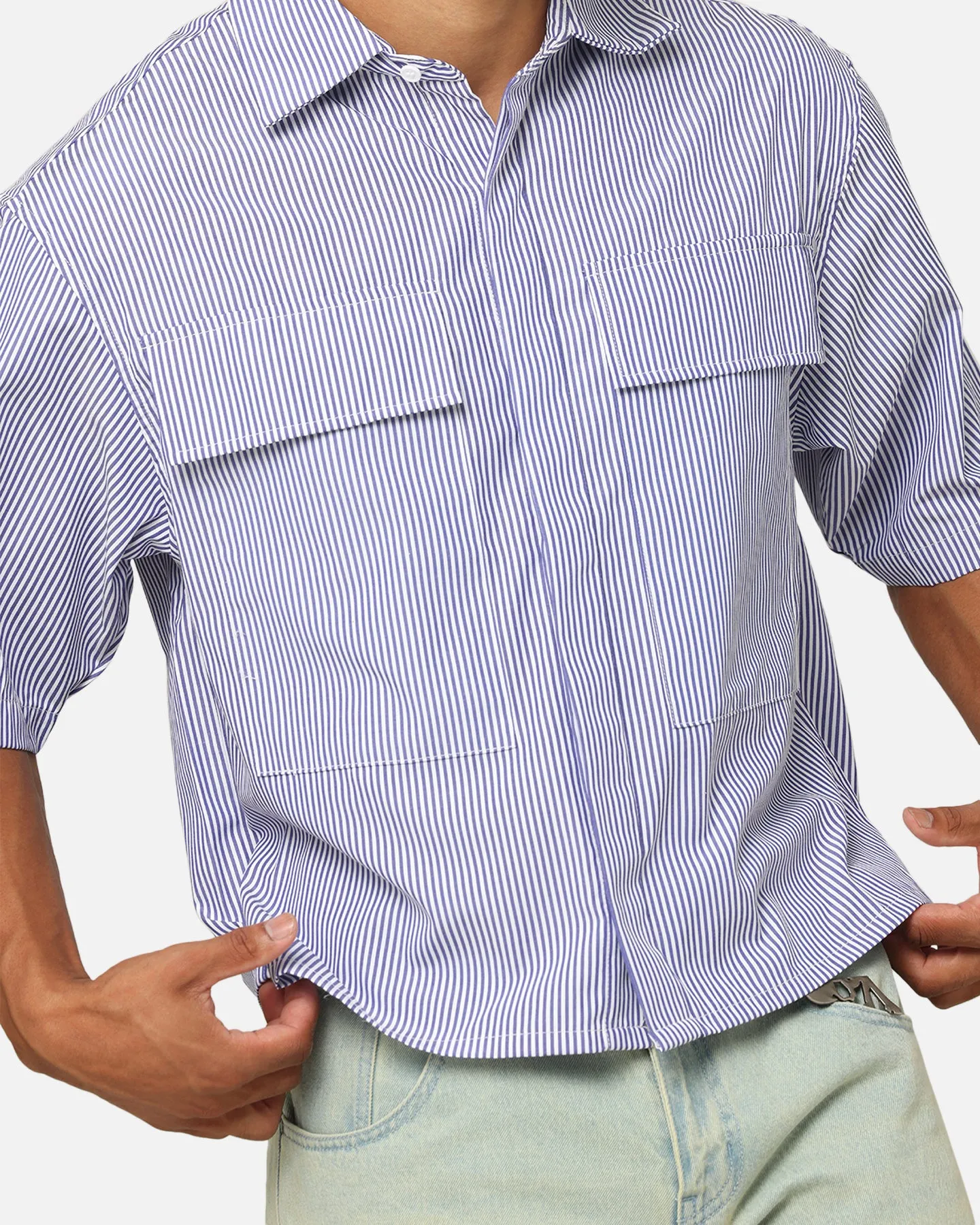 MNML Cropped Striped Short Sleeve Shirt Blue