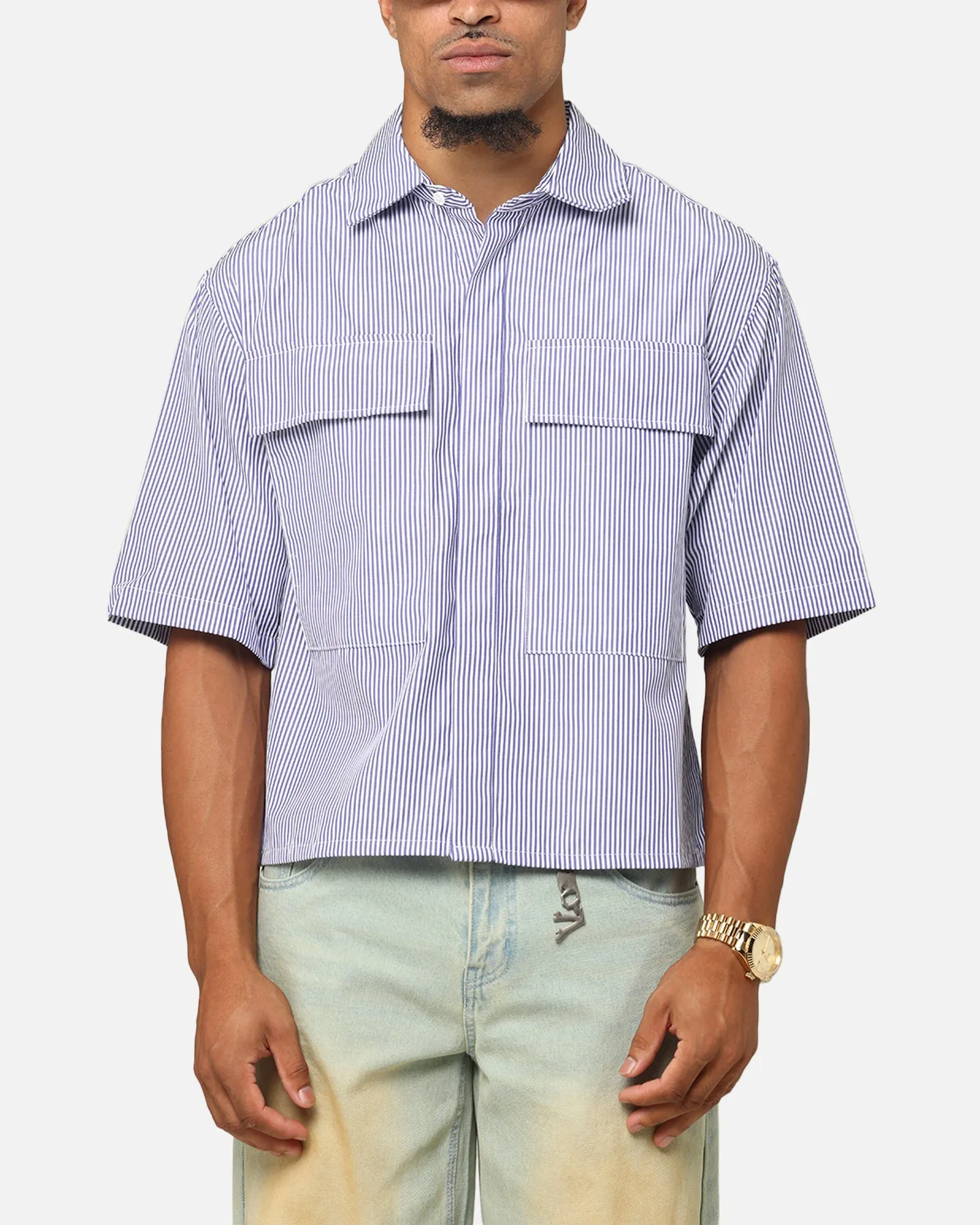 MNML Cropped Striped Short Sleeve Shirt Blue
