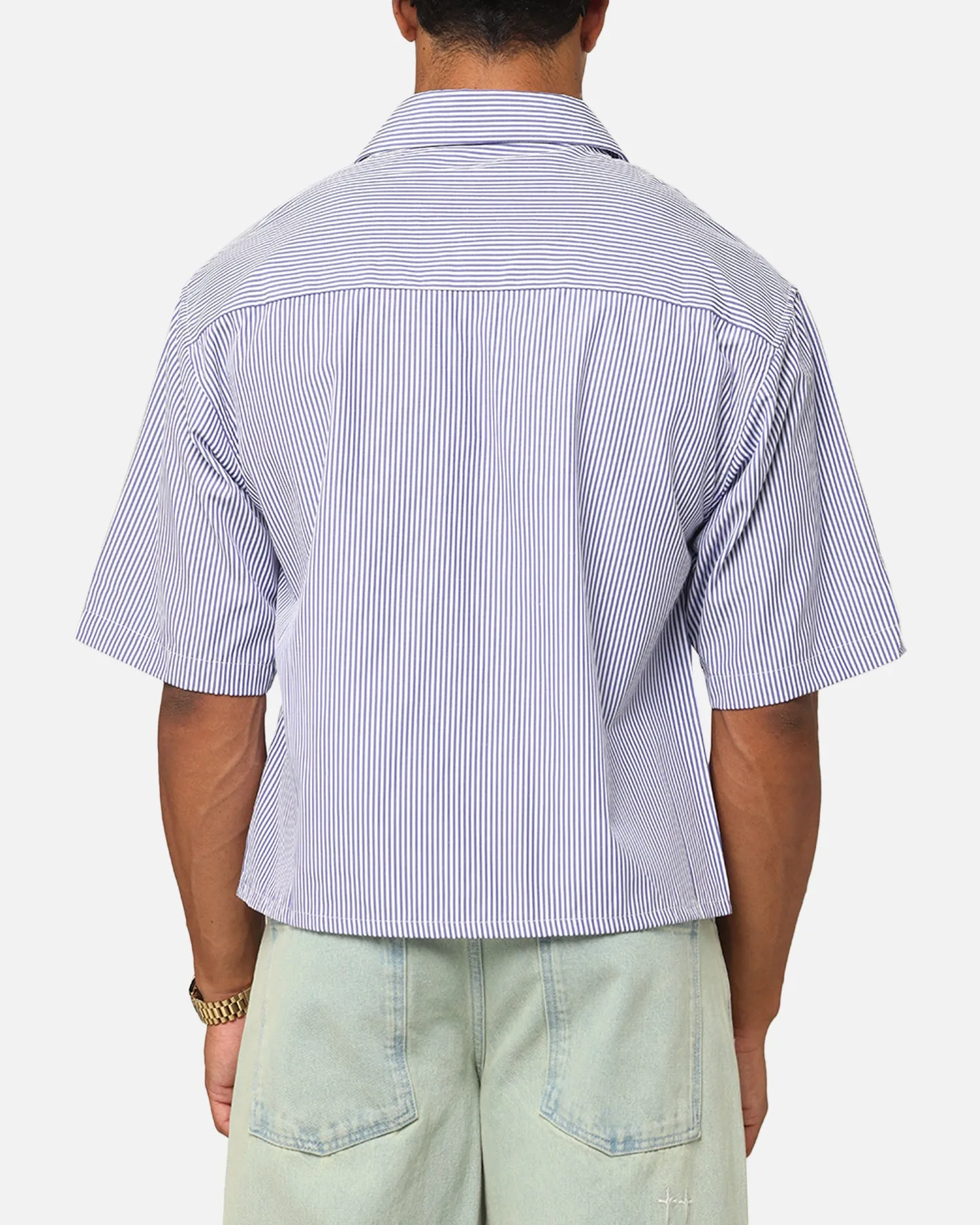 MNML Cropped Striped Short Sleeve Shirt Blue