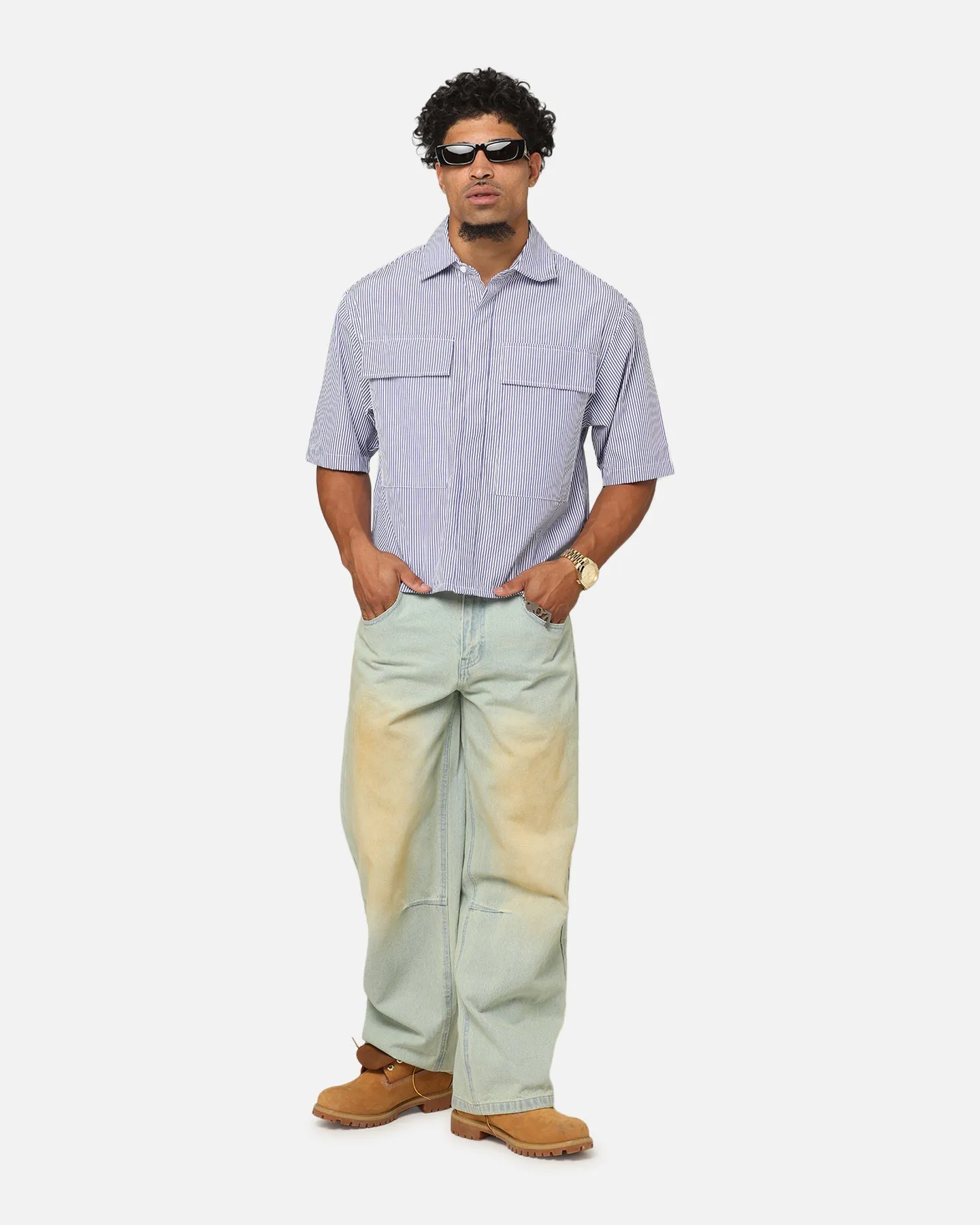 MNML Cropped Striped Short Sleeve Shirt Blue